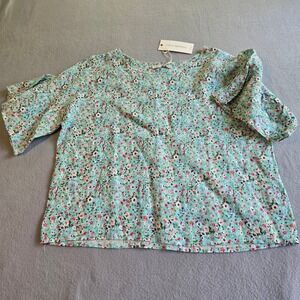 Viola Borghi Linen Floral Top Womens Medium Teal Pink Flutter Sleeve Made Italy